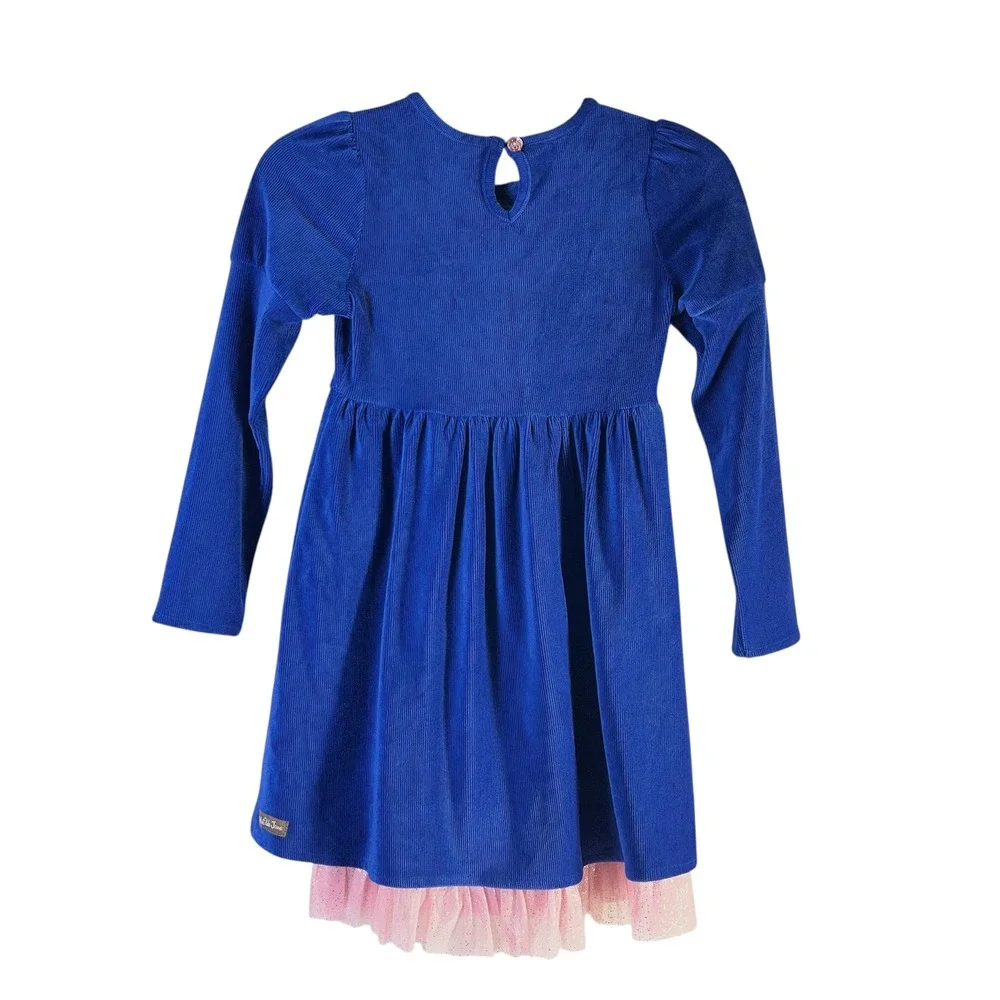Matilda Jane Girls Sz 8 Blue Clara Heart to Heart Corduroy‎ Ruffle Tulle Dress